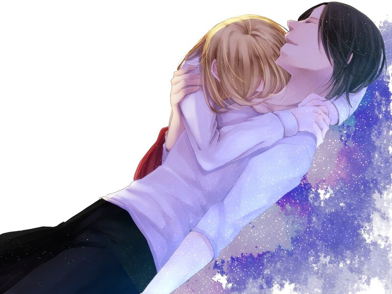 Two characters embracing in a dreamy scene