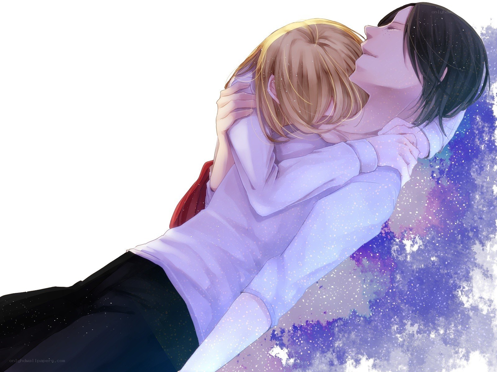 Two characters embracing in a dreamy scene
