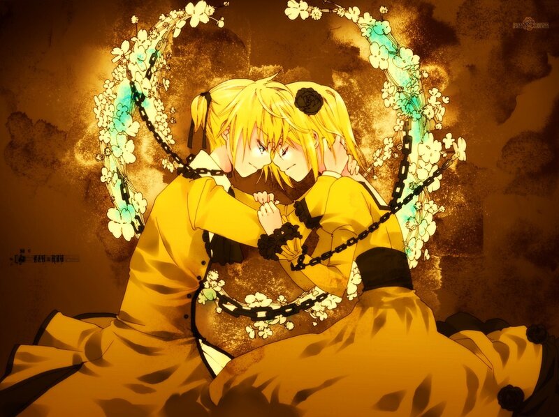 Two characters embracing in a floral circle