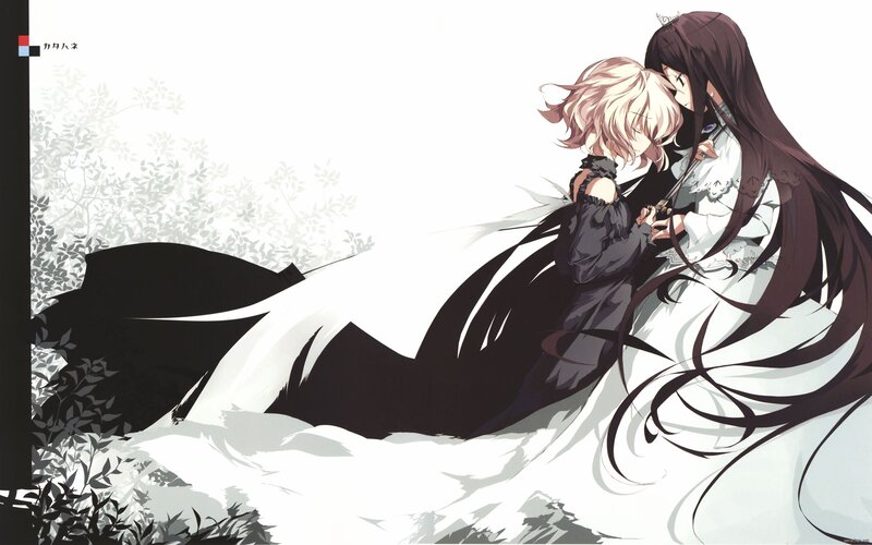 Two characters embracing in a garden