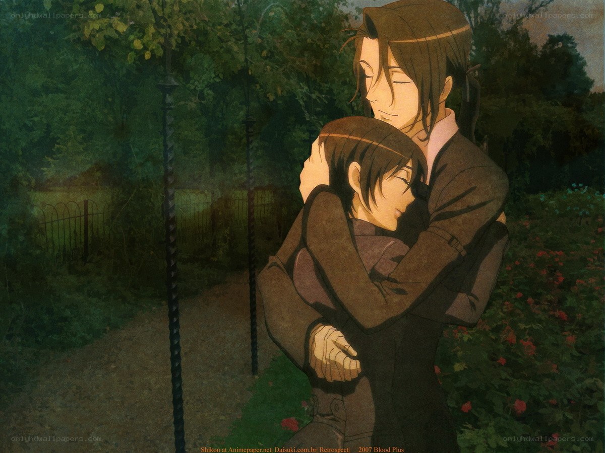 Two characters embracing in a garden