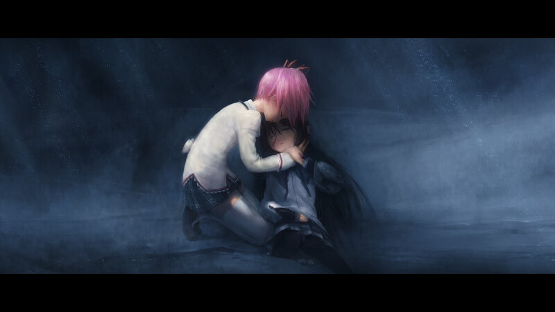 Two characters embracing in mist