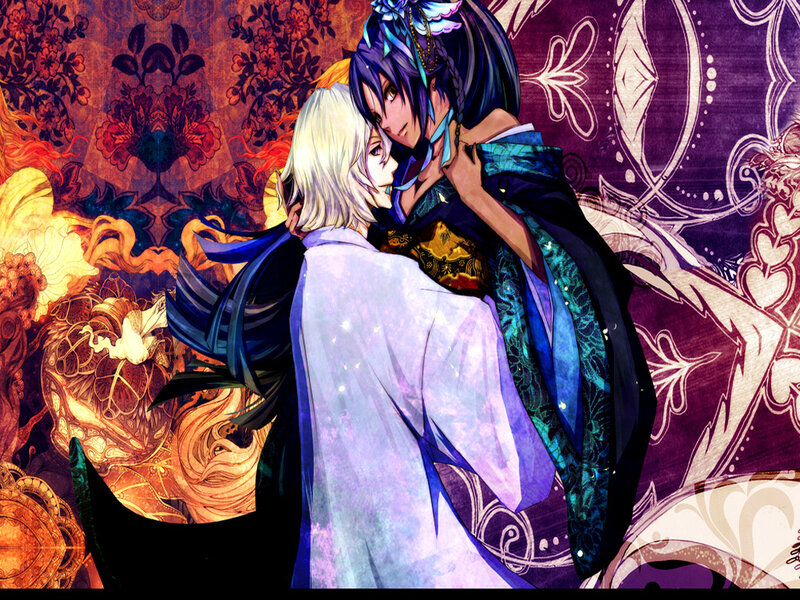 two characters embracing in ornate setting