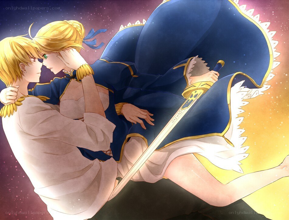 Two characters embracing in space