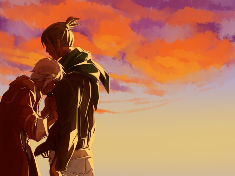 Two Characters Embracing — Orange, Dramatic, Sunset, Digital Art