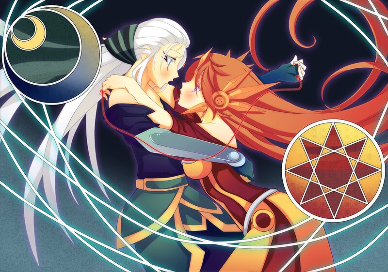 Two Characters Embracing — Orange, Dramatic