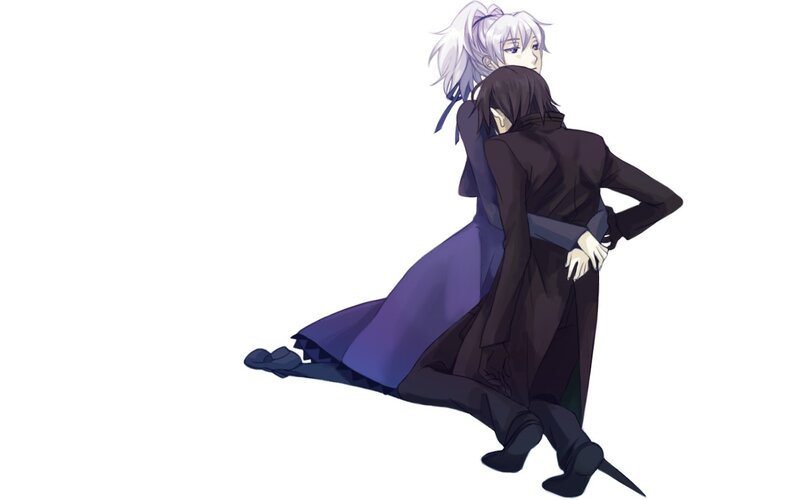Two Characters Embracing — Purple, Dramatic, Anime, Long Coat