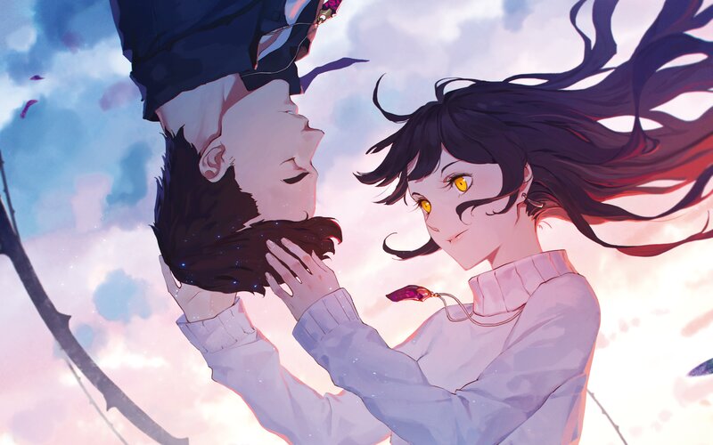 Two Characters Embracing — Purple, Dreamy, Sunset