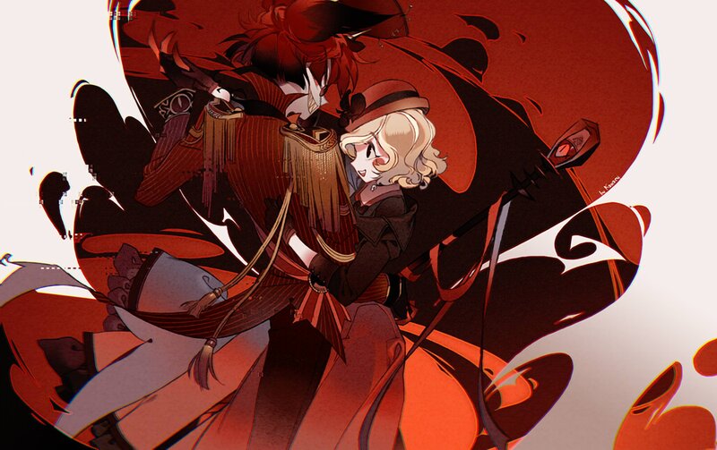 Two Characters Embracing — Red, Dramatic, Digital Art, Sword