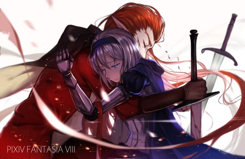 Two Characters Embracing — Red, Dramatic, Digital Art, Swords