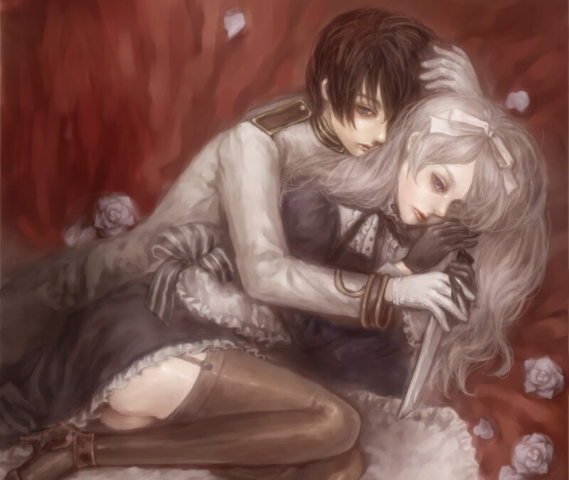Two Characters Embracing — Red, Dramatic, Digital Art