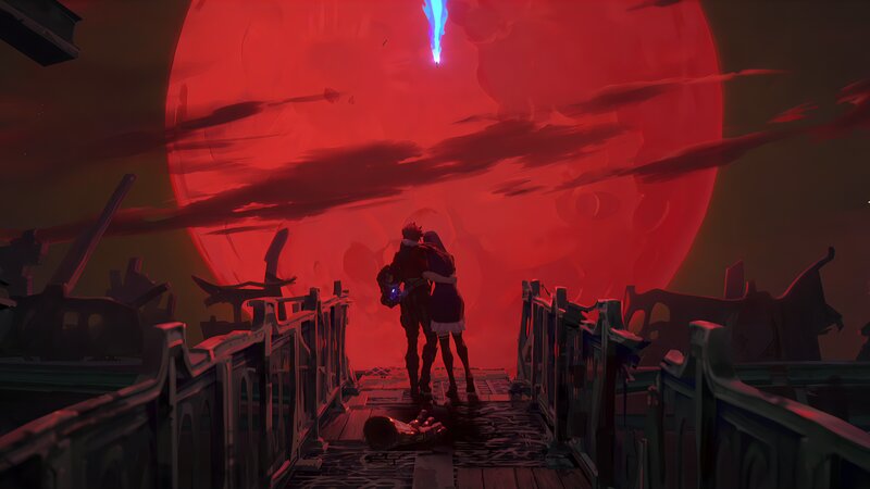 Two Characters Embracing — Red, Dramatic, Night, Digital Art