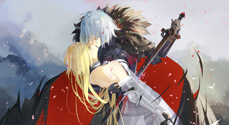 Two Characters Embracing — Red, Dramatic, Spring