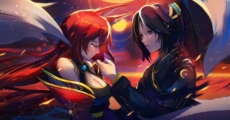Two Characters Embracing — Red, Dramatic, Sunset, Digital Art