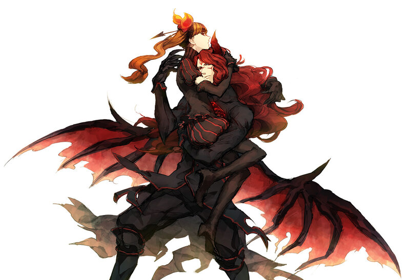 Two Characters Embracing — Red, Dramatic