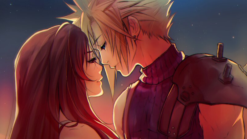 Two Characters Embracing — Red, Romantic, Night