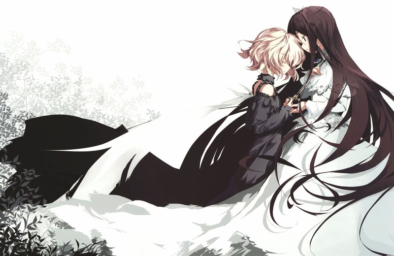 Two Characters Embracing — White, Dramatic, Anime, Long Hair