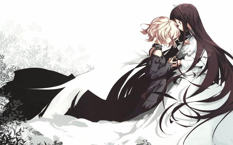 Two Characters Embracing — White, Dramatic, Anime, Long Hair, White Dress, Black Cloak