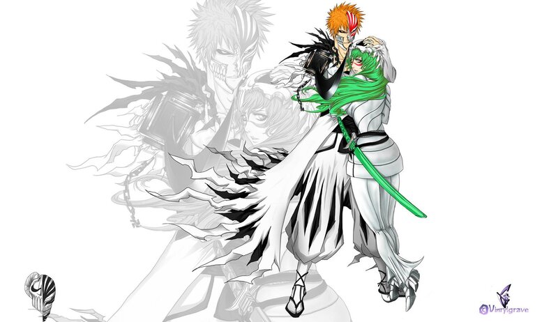 Two Characters Embracing — White, Dramatic, Anime, Sword