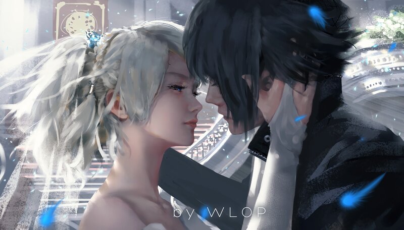 Two Characters Embracing — White, Intimate, Digital Art, Blue Particles