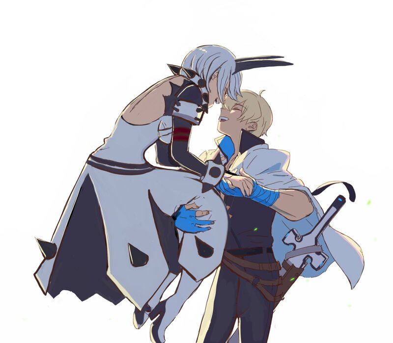 Two Characters Embracing — White, Intimate, Digital Art, Sword