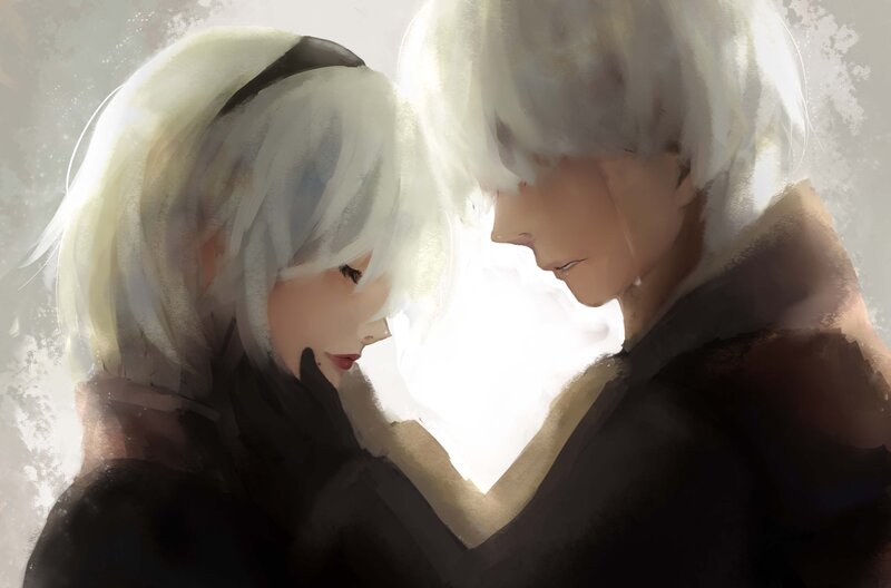 Two Characters Embracing — White, Intimate, Digital Art