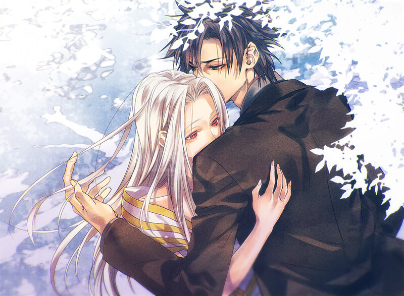 Two Characters Embracing — White, Romantic, Manga