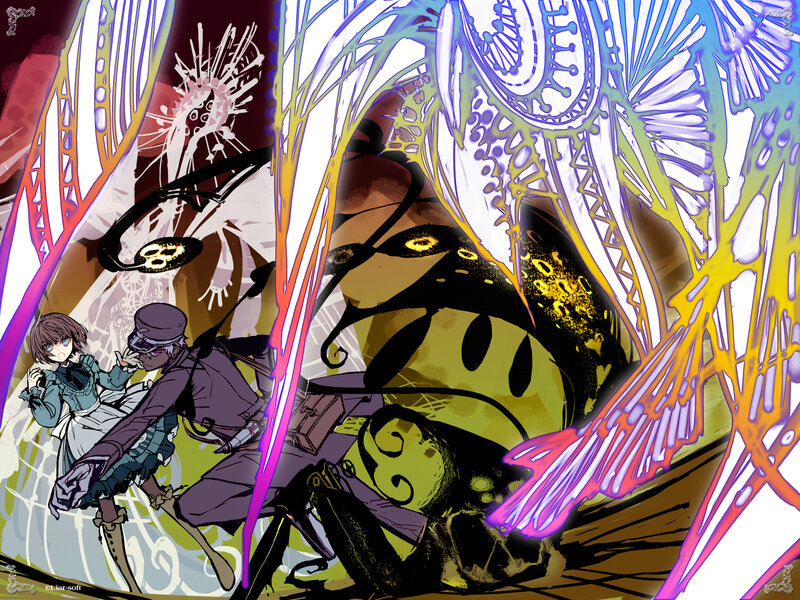 Two characters facing a giant insect
