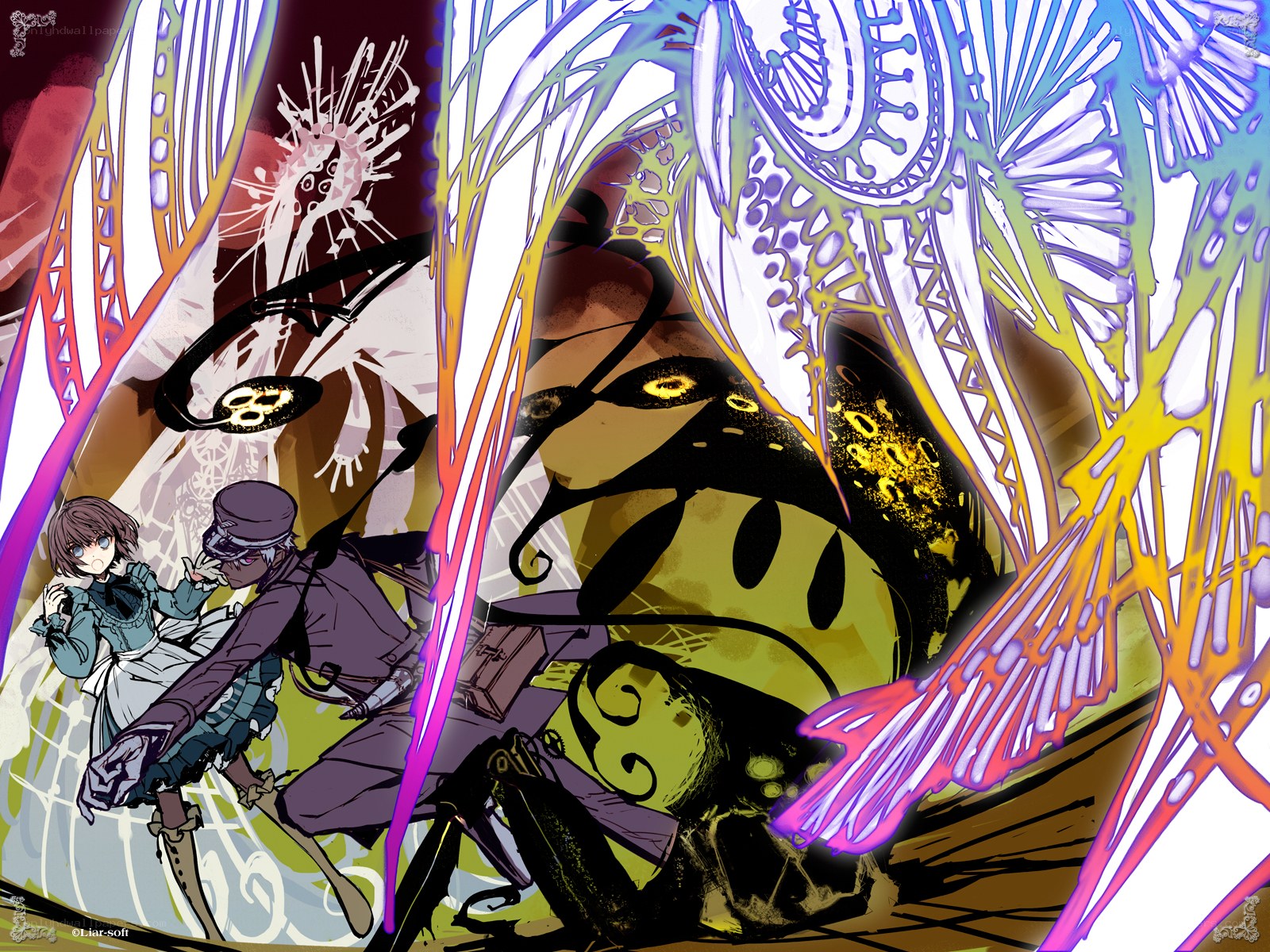 Two characters facing a giant insect