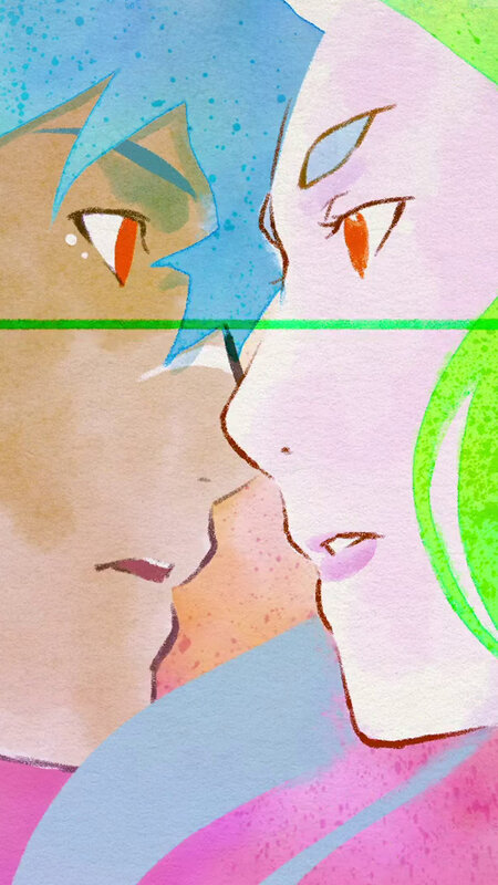 Two Characters Facing Each Other — Blue, Dramatic, Digital Art