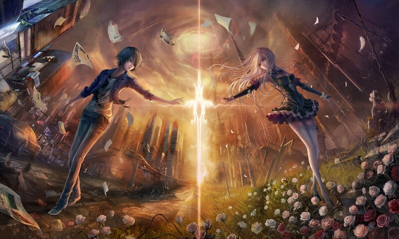 Two Characters Facing Each Other — Orange, Dramatic