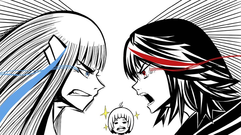 Two Characters Facing Off — Black, Dramatic, Manga, Child Character