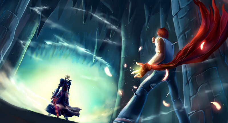 Two Characters Facing Off — Blue, Dramatic, Digital Art