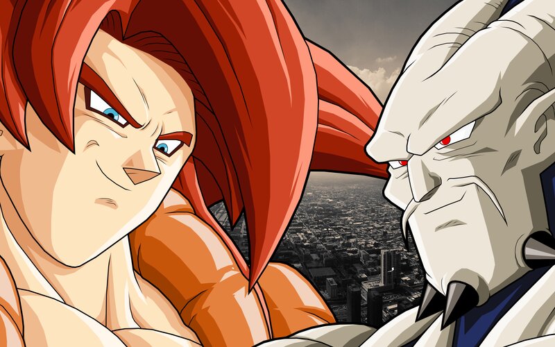 Two Characters Facing Off — Red, Dramatic, Anime, Cityscape