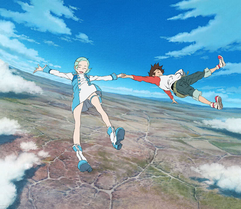 two characters falling through sky