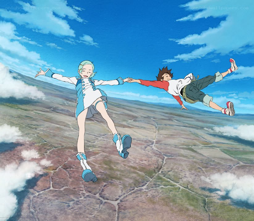 two characters falling through sky