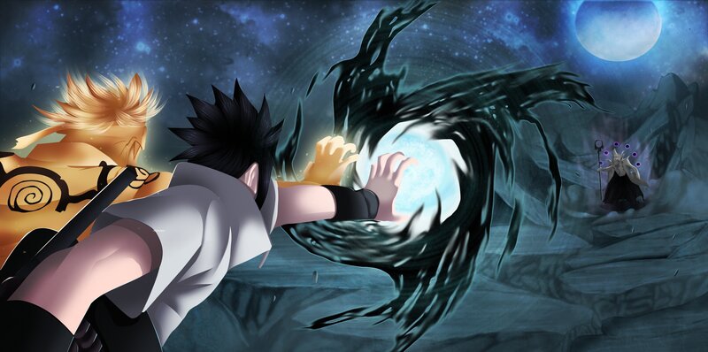 Two Characters Fighting — Blue, Dramatic, Night, Anime, Moon