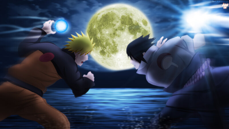 Two Characters Fighting — Blue, Dramatic, Night, Anime, Moon, Water