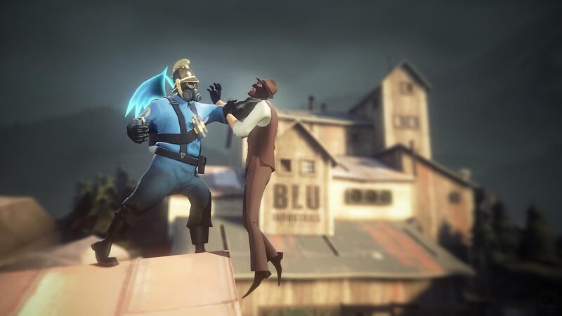 Two Characters Fighting — Blue, Dramatic, Night, Digital Art, Building