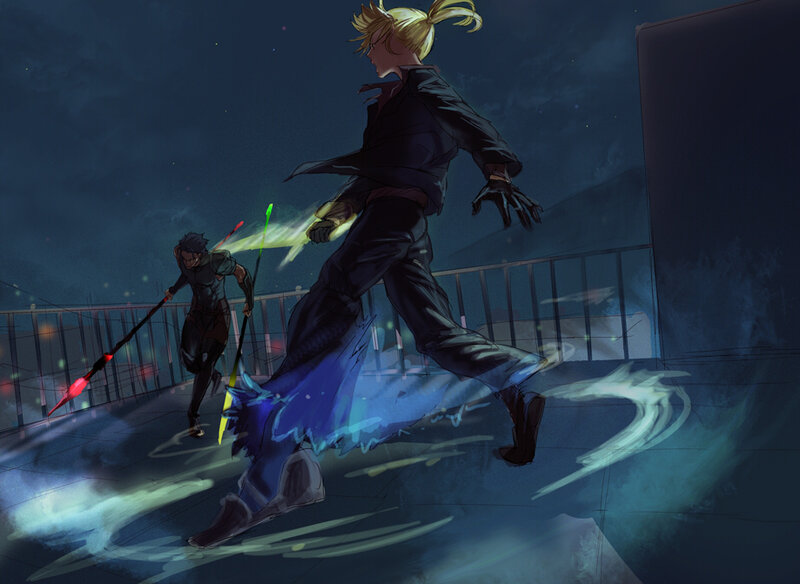 Two Characters Fighting — Blue, Dramatic, Night, Digital Art, Swords
