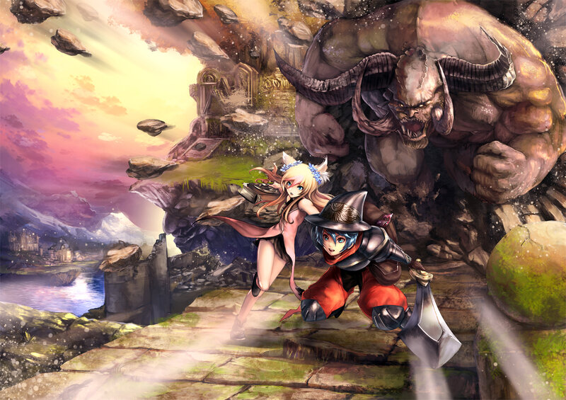 Two Characters Fighting Monster