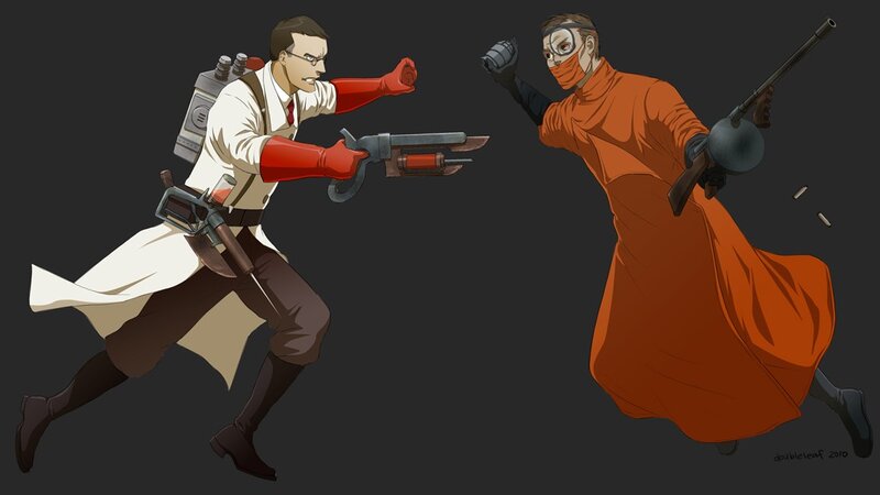 Two Characters Fighting — Orange, Dramatic, Digital Art, Gun