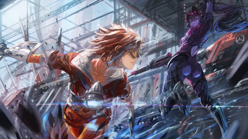 Two Characters Fighting — Purple, Dramatic, Digital Art, Swords