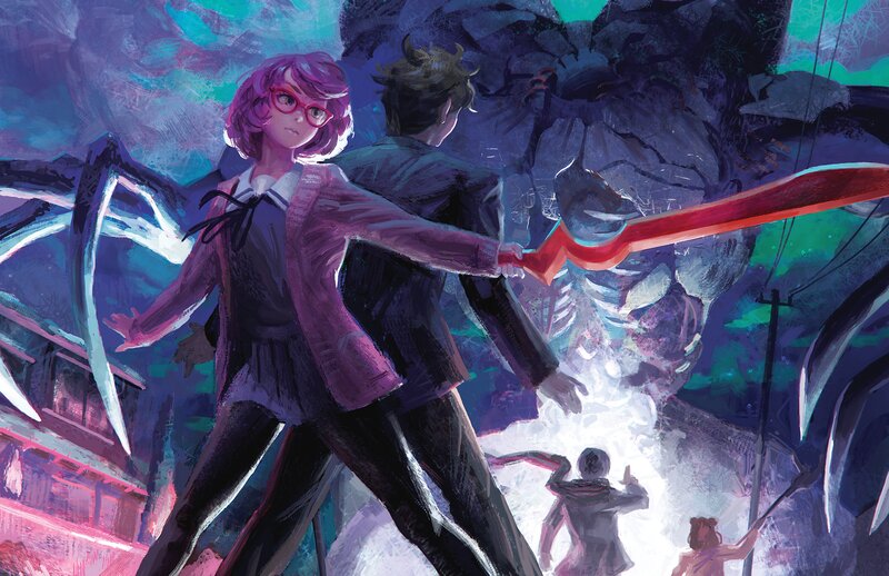Two Characters Fighting — Purple, Dramatic, Night, Digital Art, Monster