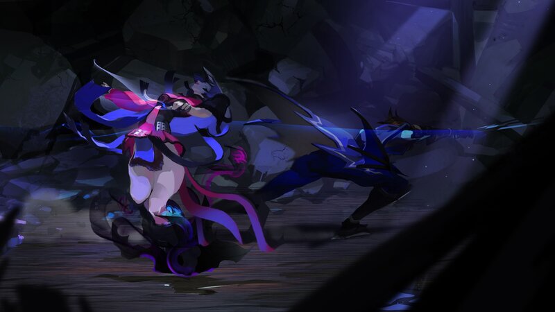 Two Characters Fighting — Purple, Dramatic, Night, Digital Art, Sword, Robes