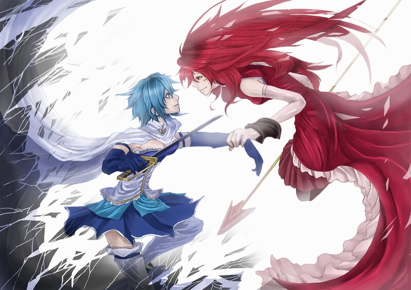 Two Characters Fighting — Red, Dramatic, Anime, Sword, Arrow
