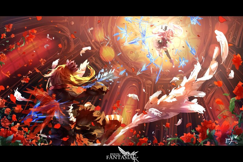 Two Characters Fighting — Red, Dramatic, Digital Art, Flowers