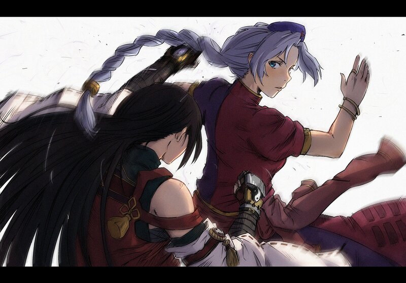 Two Characters Fighting — Red, Dramatic, Manga, Sword, Braided Hair