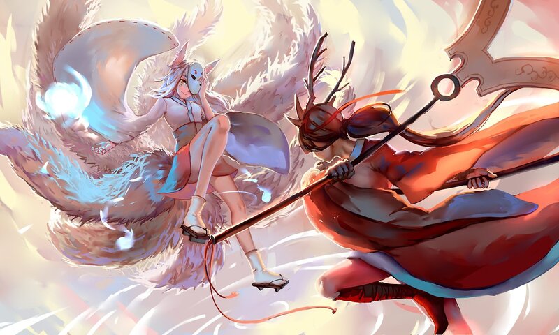 Two Characters Fighting — White, Dramatic, Digital Art, Mask