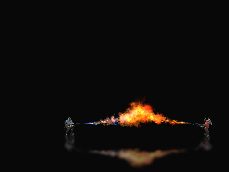Two characters fighting with flamethrowers